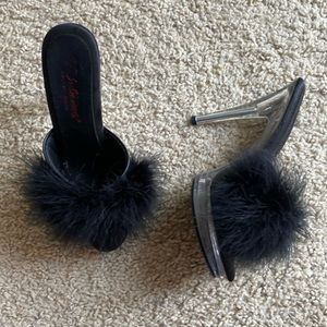 Black Fluffy Platform Pleaser Heels